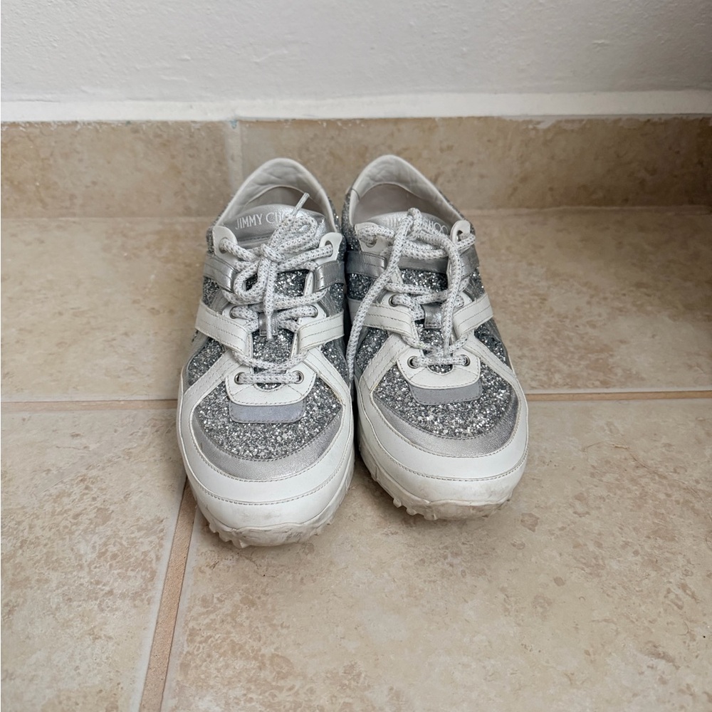 Jimmy Choo glutter sneakers - Silver and White